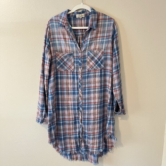 cloth and stone anthropologie Plaid Shirt Dress L Western Boho Tunic Button Up - Picture 1 of 6